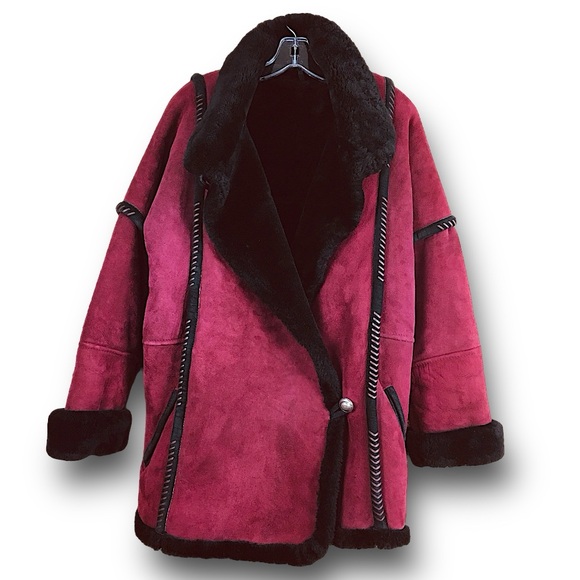 Spolek Luxury Real Lamb Shearling Coat Burgundy/Black Shawl Collar Jacket Sz L - Picture 3 of 11